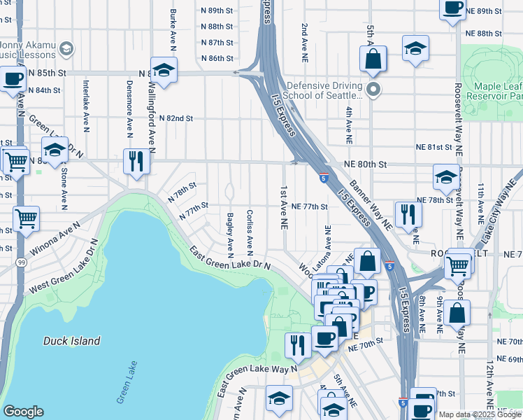 map of restaurants, bars, coffee shops, grocery stores, and more near 7557 Sunnyside Avenue North in Seattle