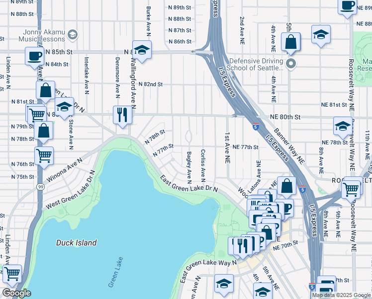 map of restaurants, bars, coffee shops, grocery stores, and more near 2115 North 77th Street in Seattle