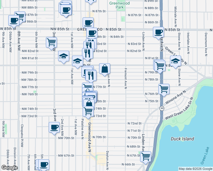 map of restaurants, bars, coffee shops, grocery stores, and more near 342 North 77th Street in Seattle