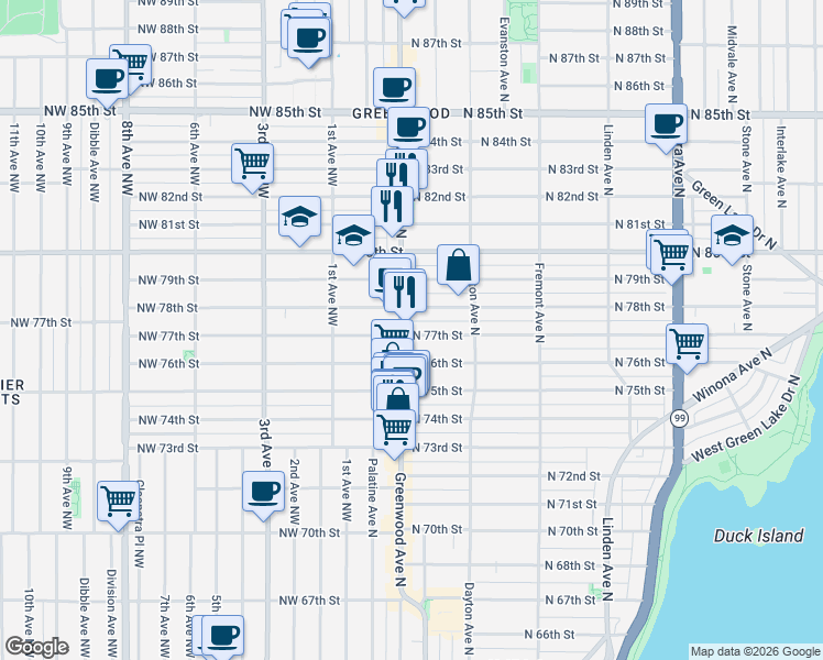 map of restaurants, bars, coffee shops, grocery stores, and more near 7706 Greenwood Avenue North in Seattle