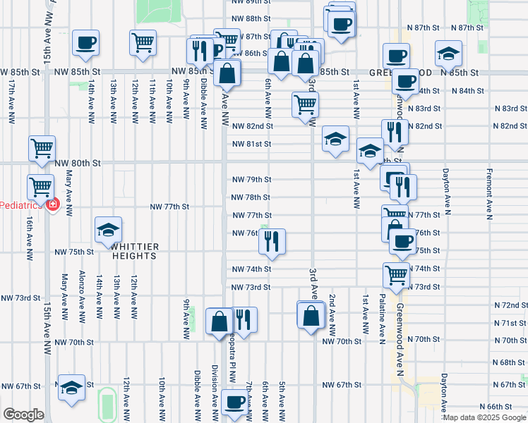 map of restaurants, bars, coffee shops, grocery stores, and more near 614 Northwest 77th Street in Seattle