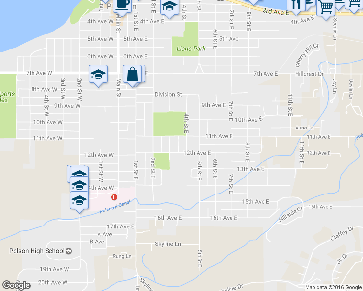 map of restaurants, bars, coffee shops, grocery stores, and more near 1106 4th Street East in Polson