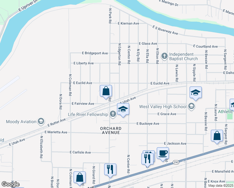 map of restaurants, bars, coffee shops, grocery stores, and more near 3021 North Edgerton Road in Spokane Valley