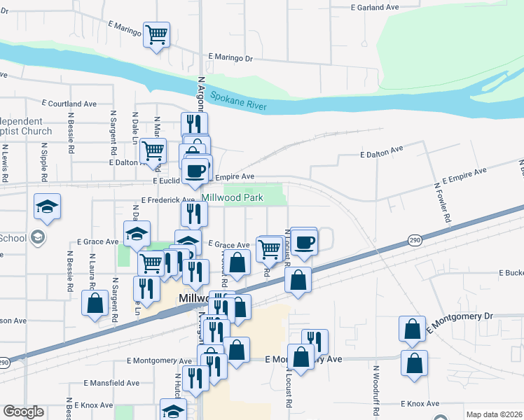 map of restaurants, bars, coffee shops, grocery stores, and more near 3021 North Maple Road in Spokane