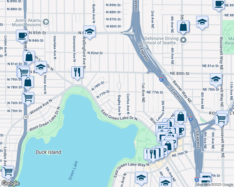 map of restaurants, bars, coffee shops, grocery stores, and more near 2115 North 77th Street in Seattle