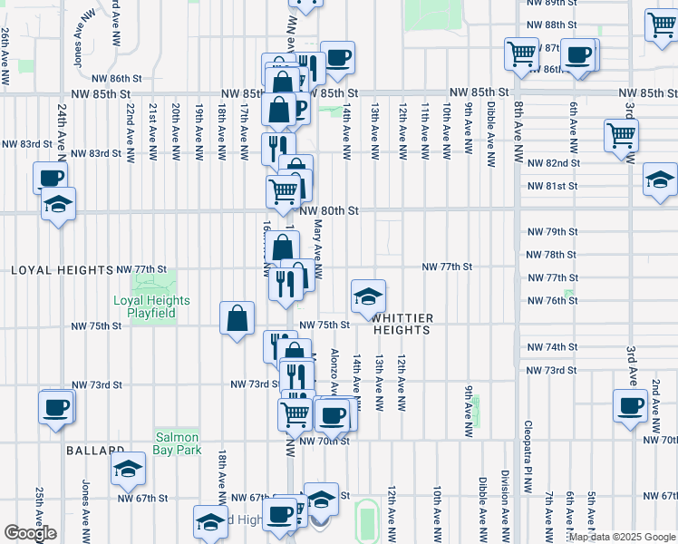 map of restaurants, bars, coffee shops, grocery stores, and more near 7559 14th Avenue Northwest in Seattle