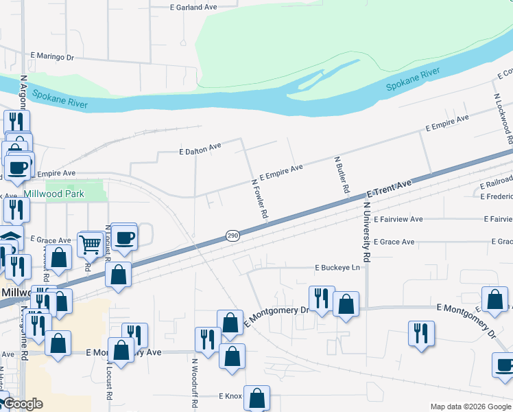 map of restaurants, bars, coffee shops, grocery stores, and more near 3011 North Fowler Road in Spokane