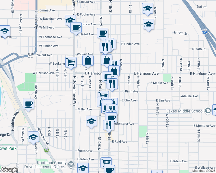 map of restaurants, bars, coffee shops, grocery stores, and more near 1113 North 4th Street in Coeur d'Alene