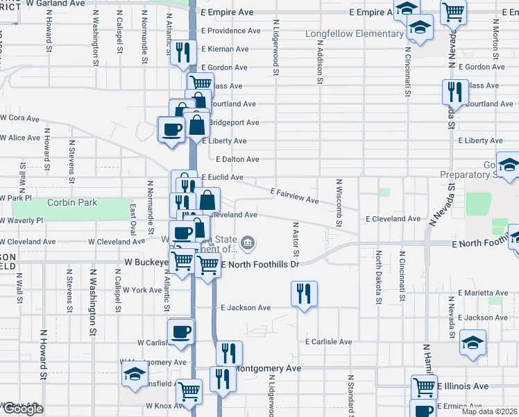 map of restaurants, bars, coffee shops, grocery stores, and more near 203 East Cleveland Avenue in Spokane