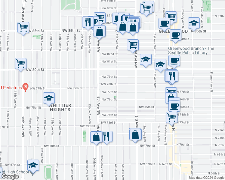 map of restaurants, bars, coffee shops, grocery stores, and more near 614 Northwest 77th Street in Seattle
