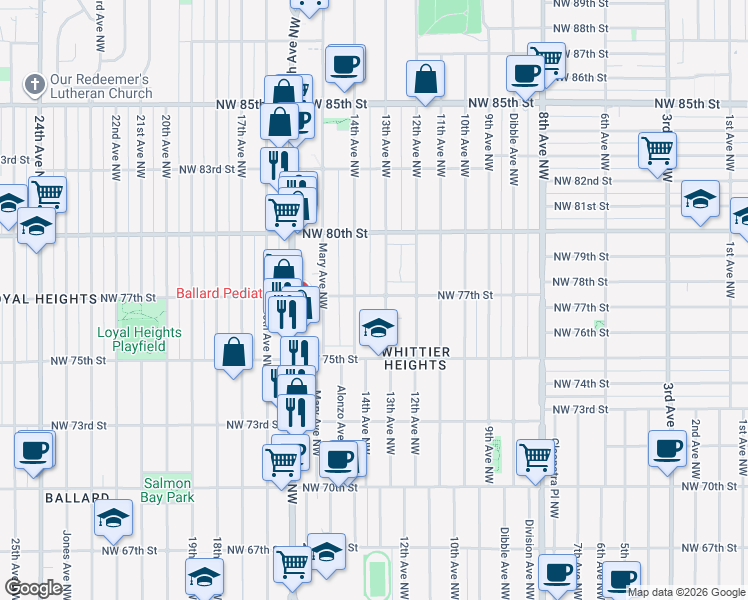 map of restaurants, bars, coffee shops, grocery stores, and more near 1311 Northwest 77th Street in Seattle