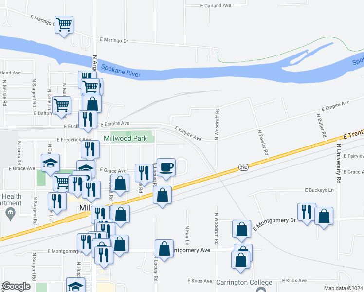 map of restaurants, bars, coffee shops, grocery stores, and more near 9618 East Frederick Avenue in Spokane