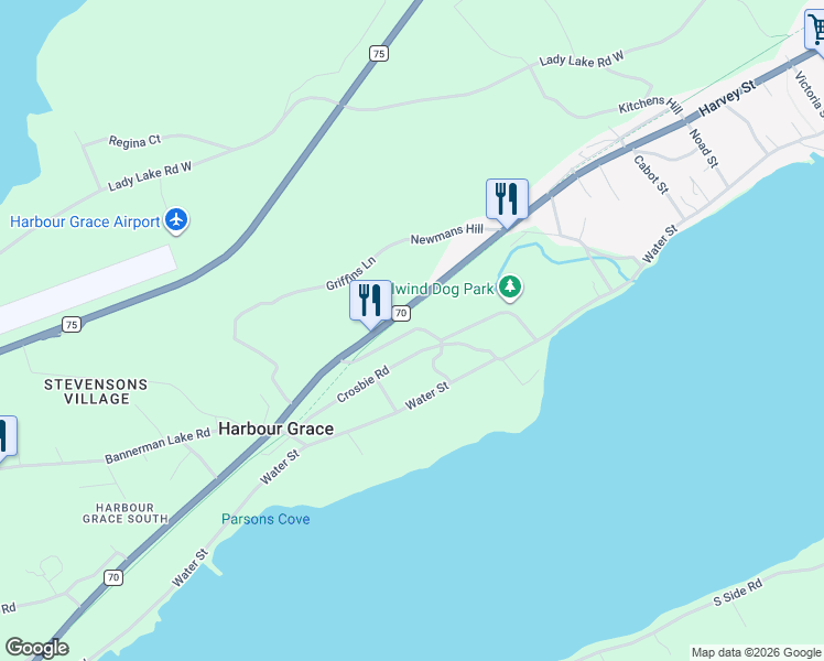 map of restaurants, bars, coffee shops, grocery stores, and more near Devonshire Road in Harbour Grace