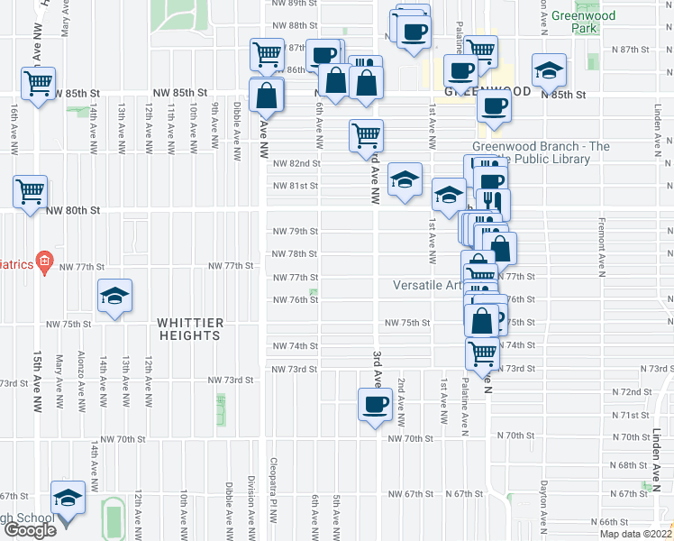 map of restaurants, bars, coffee shops, grocery stores, and more near 342 Northwest 77th Street in Seattle
