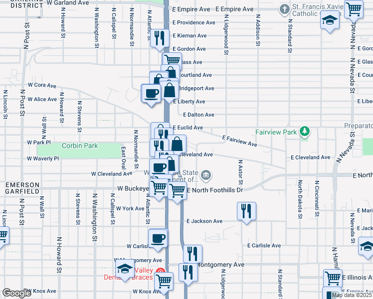 map of restaurants, bars, coffee shops, grocery stores, and more near 107 East Cleveland Avenue in Spokane