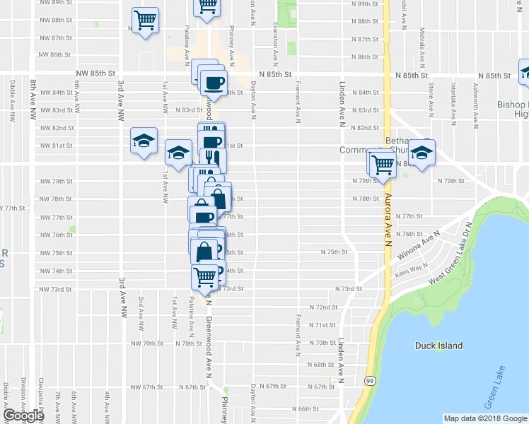 map of restaurants, bars, coffee shops, grocery stores, and more near 506 North 77th Street in Seattle