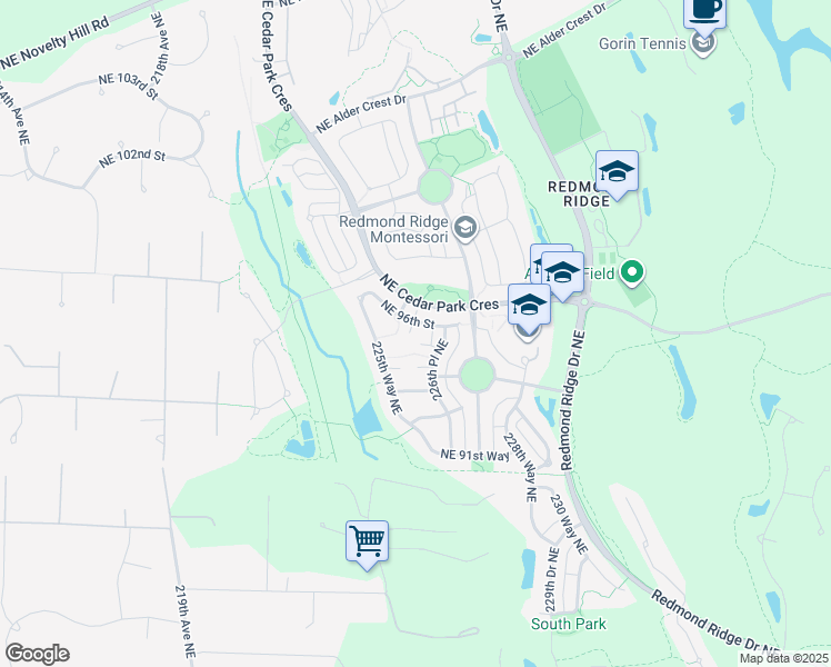 map of restaurants, bars, coffee shops, grocery stores, and more near 22579 Northeast 96th Street in Redmond