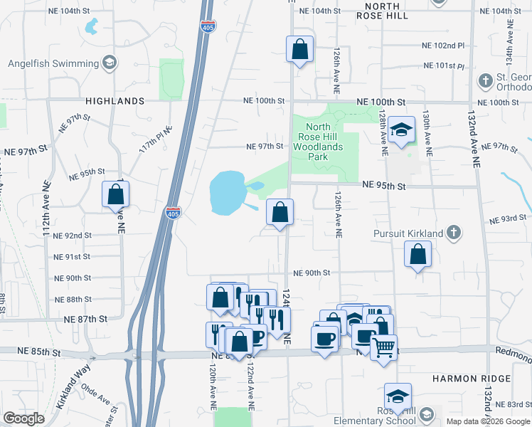map of restaurants, bars, coffee shops, grocery stores, and more near 9243 124th Avenue Northeast in Kirkland