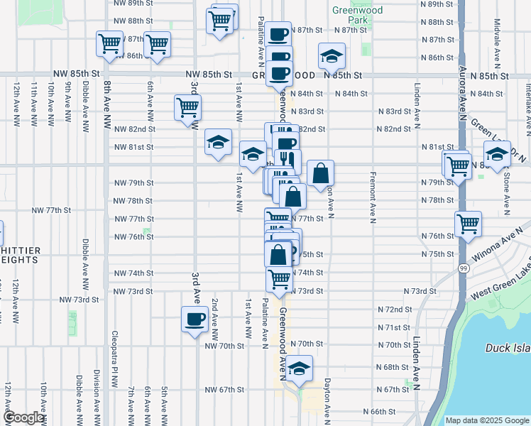 map of restaurants, bars, coffee shops, grocery stores, and more near 136 North 77th Street in Seattle