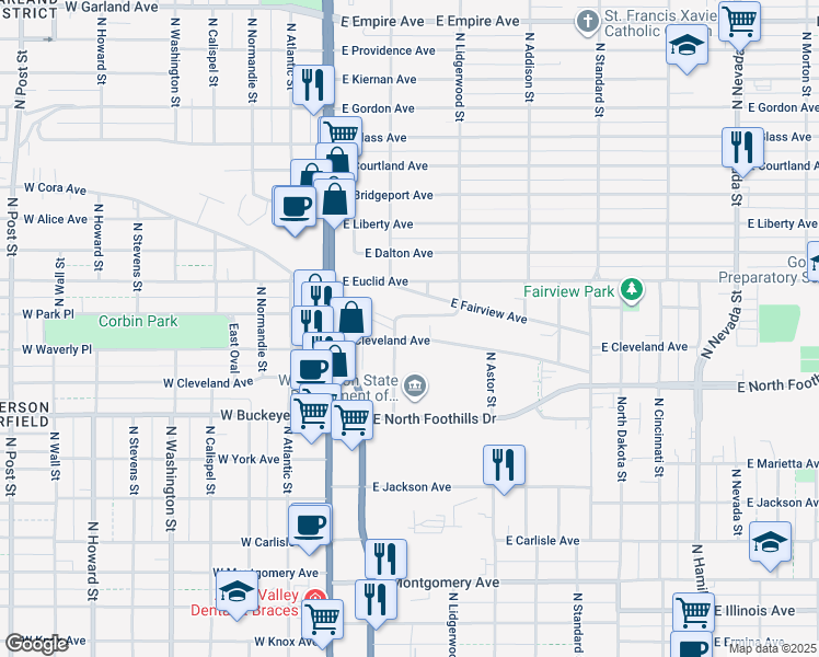 map of restaurants, bars, coffee shops, grocery stores, and more near 155 E Cleveland Ave in Spokane