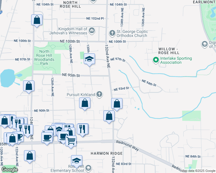 map of restaurants, bars, coffee shops, grocery stores, and more near 9223 132nd Avenue Northeast in Kirkland