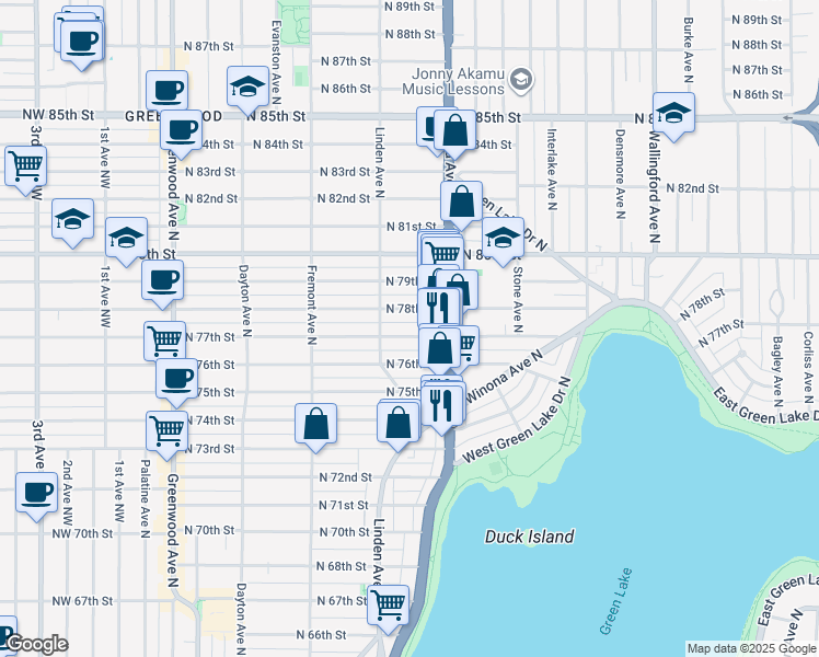 map of restaurants, bars, coffee shops, grocery stores, and more near 924 North 77th Street in Seattle