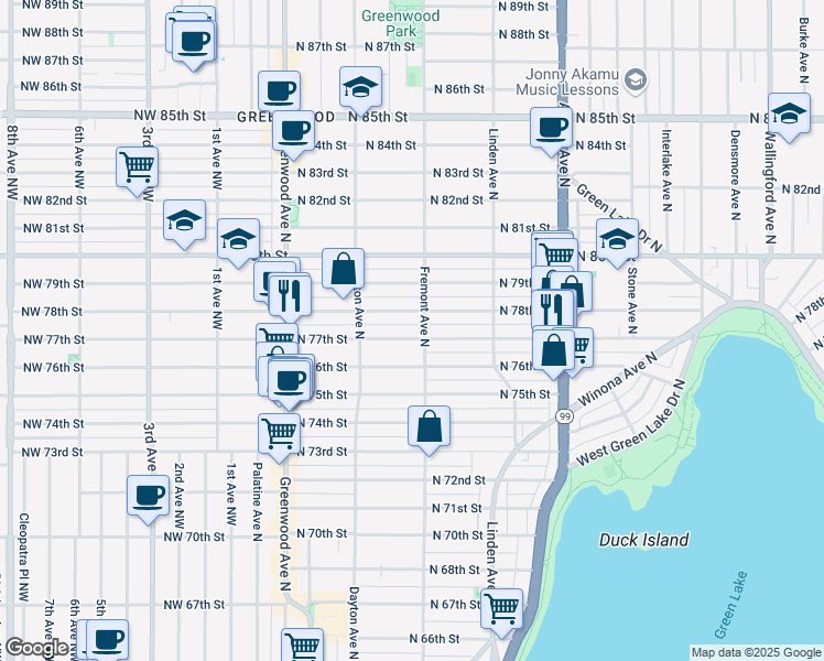 map of restaurants, bars, coffee shops, grocery stores, and more near 546 North 77th Street in Seattle