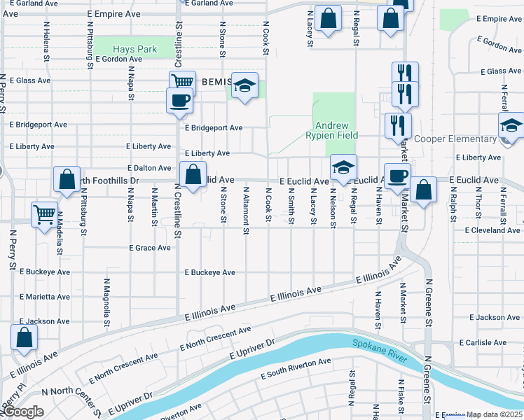 map of restaurants, bars, coffee shops, grocery stores, and more near 2923 N Cook St in Spokane