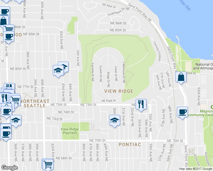 map of restaurants, bars, coffee shops, grocery stores, and more near 7725 Ridge Drive Northeast in Seattle