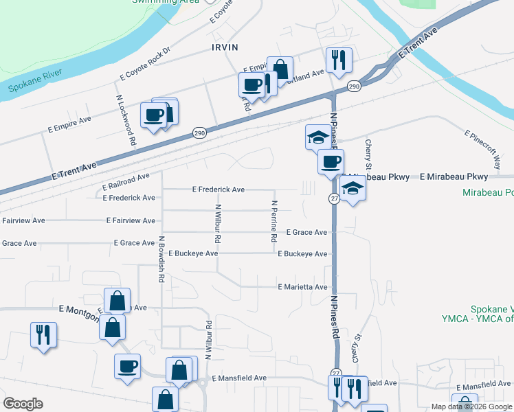 map of restaurants, bars, coffee shops, grocery stores, and more near 11911 East Fairview Avenue in Spokane Valley
