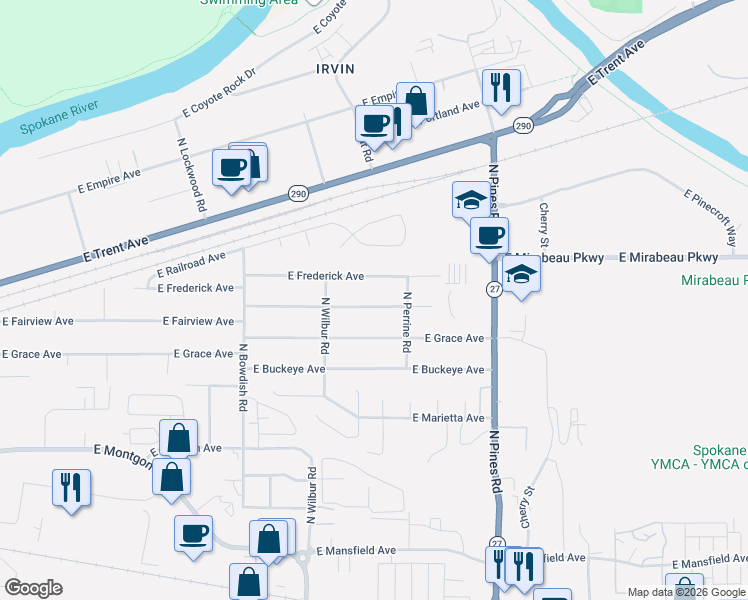 map of restaurants, bars, coffee shops, grocery stores, and more near 11911 East Fairview Avenue in Spokane Valley