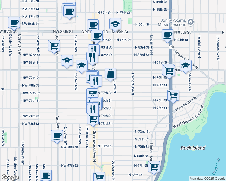 map of restaurants, bars, coffee shops, grocery stores, and more near 506 North 77th Street in Seattle