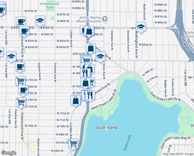 map of restaurants, bars, coffee shops, grocery stores, and more near 1132 North 77th Street in Seattle