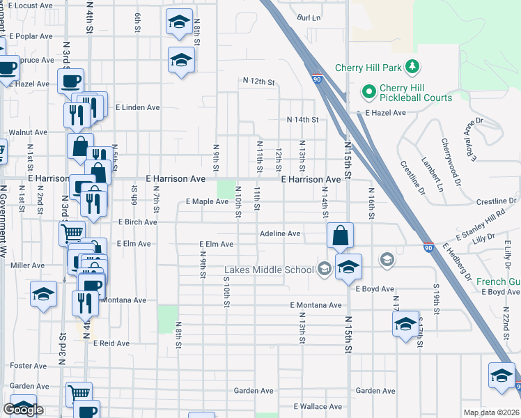 map of restaurants, bars, coffee shops, grocery stores, and more near 1110 North 11th Street in Coeur d'Alene