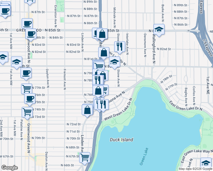 map of restaurants, bars, coffee shops, grocery stores, and more near 1114 North 77th Street in Seattle