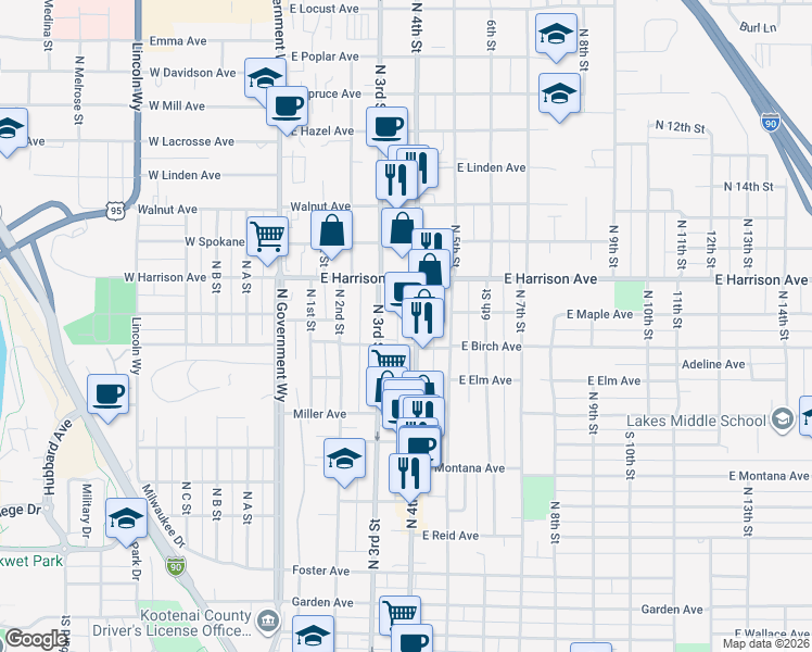 map of restaurants, bars, coffee shops, grocery stores, and more near 1113 North 4th Street in Coeur d'Alene