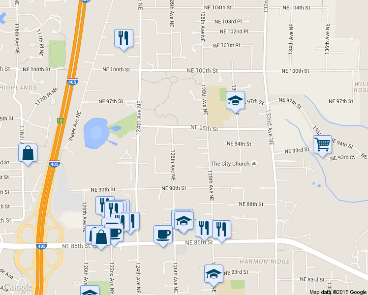 map of restaurants, bars, coffee shops, grocery stores, and more near 12621 Northeast 94th Way in Kirkland
