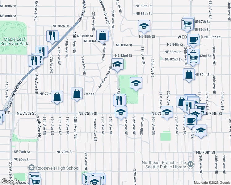 map of restaurants, bars, coffee shops, grocery stores, and more near 2414 Northeast 77th Street in Seattle