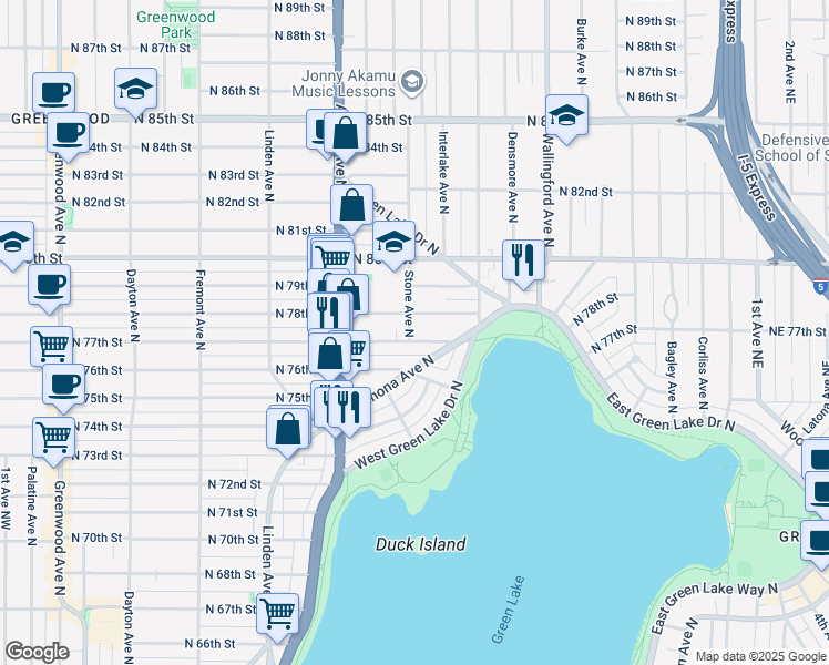 map of restaurants, bars, coffee shops, grocery stores, and more near 1302 North 77th Street in Seattle
