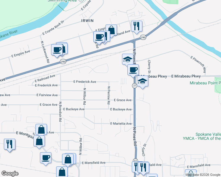 map of restaurants, bars, coffee shops, grocery stores, and more near 12011 East Fairview Avenue in Spokane Valley