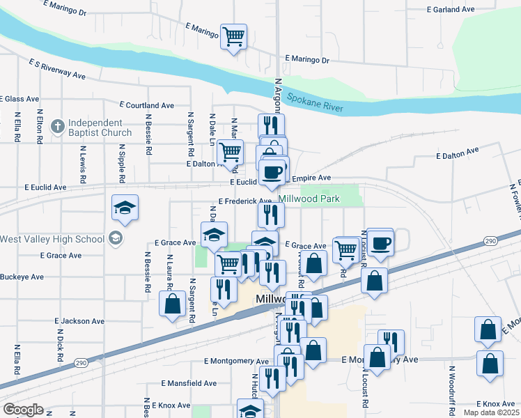 map of restaurants, bars, coffee shops, grocery stores, and more near 9014 East Frederick Avenue in Millwood