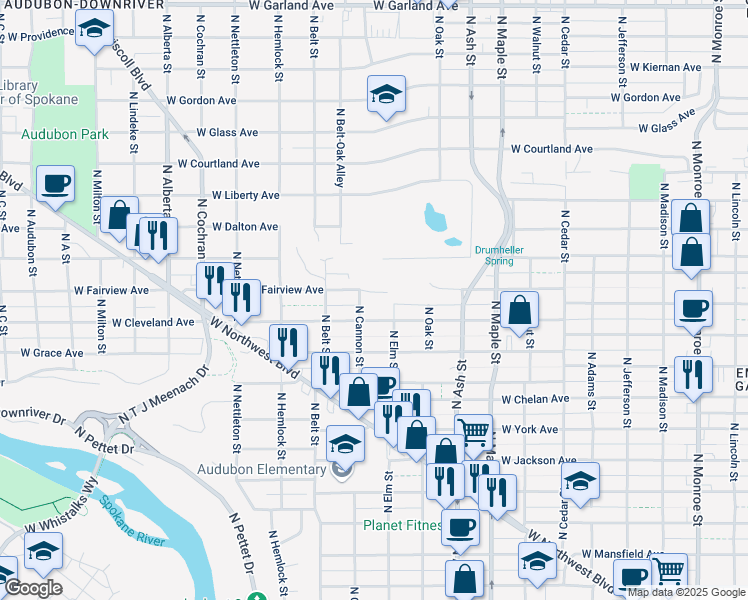 map of restaurants, bars, coffee shops, grocery stores, and more near 1927 West Fairview Avenue in Spokane