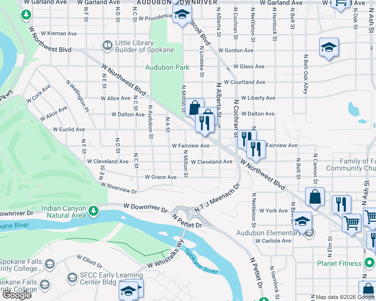 map of restaurants, bars, coffee shops, grocery stores, and more near 2715 West Fairview Avenue in Spokane