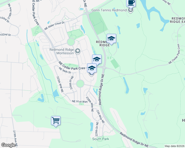 map of restaurants, bars, coffee shops, grocery stores, and more near 22845 Northeast Cedar Park Crescent in Redmond