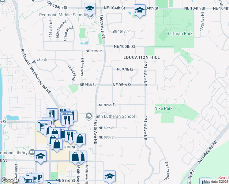 map of restaurants, bars, coffee shops, grocery stores, and more near 9406 167th Avenue Northeast in Redmond