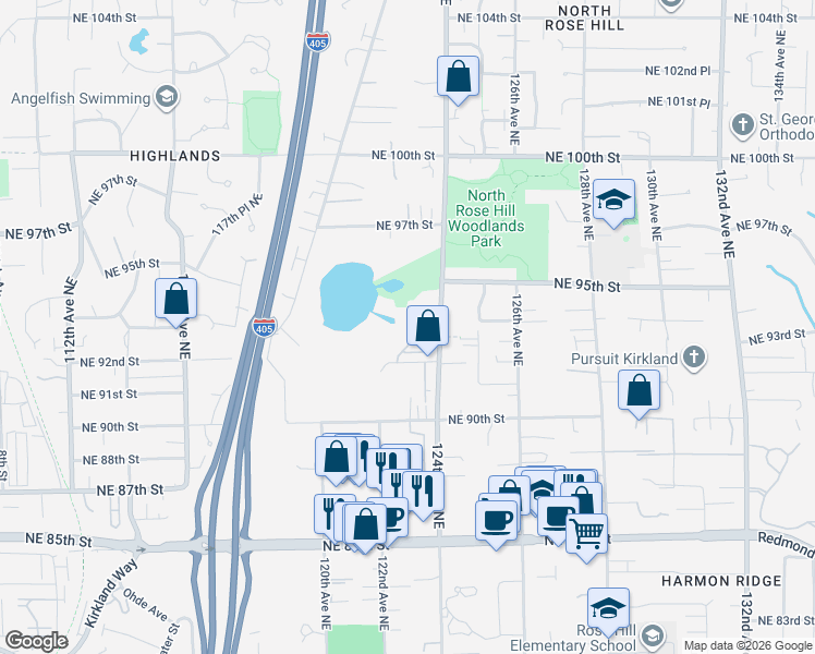 map of restaurants, bars, coffee shops, grocery stores, and more near 9243 124th Avenue Northeast in Kirkland