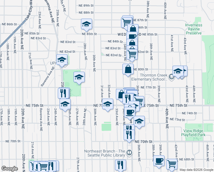 map of restaurants, bars, coffee shops, grocery stores, and more near 7702 32nd Avenue Northeast in Seattle