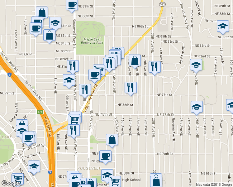 map of restaurants, bars, coffee shops, grocery stores, and more near 1516 Northeast 77th Street in Seattle