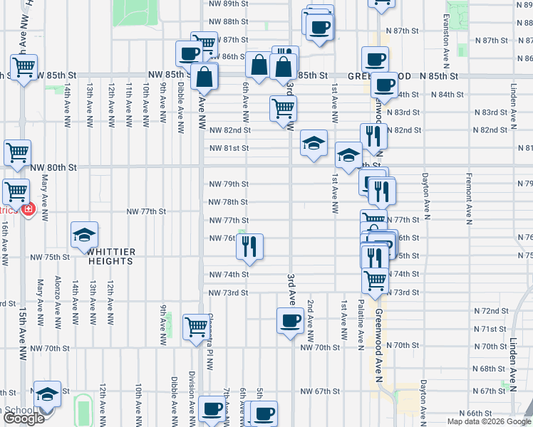 map of restaurants, bars, coffee shops, grocery stores, and more near 342 Northwest 77th Street in Seattle