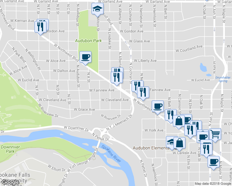 map of restaurants, bars, coffee shops, grocery stores, and more near 2611 West Fairview Avenue in Spokane